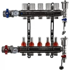 Коллектор с расходомерами, никелированная латунь, 1", 5 вых, ккомплектован: автовоздухоотводчик, сливной кран